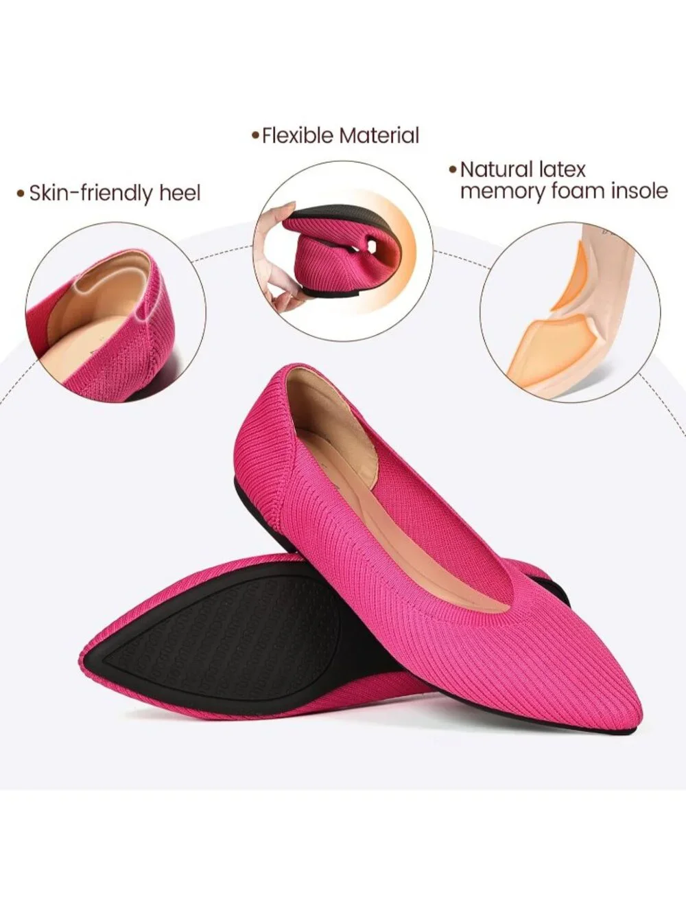 Women's Rose Red Pointed Toe Comfort Foldable Slip On Knit Ballet Flat Shoes